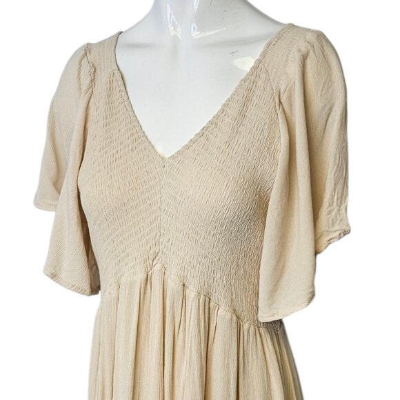 Baltic Born Lovell Smocked Midi Dress, V-Neck, Lined, Flutter Sleeve, Beige, M - Picture 2 of 6